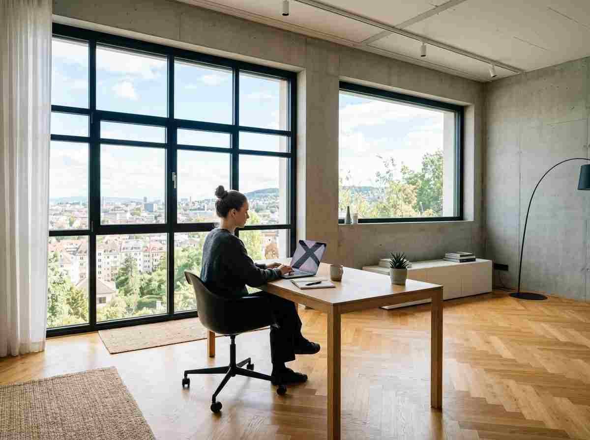 Modern architectural interior with steel frame windows