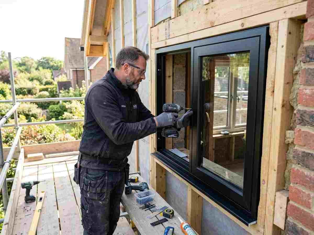 Metal fabricator installing window frame